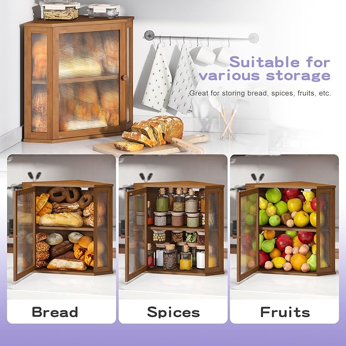 Corner Bread box for Kitchen Countertop,Farmhouse Bread Box with Acrylic Wavy Door Panel,Large Bread box for kitchen countertop,Kitchen Countertop Food Storage Container (Brown, Extra Large)