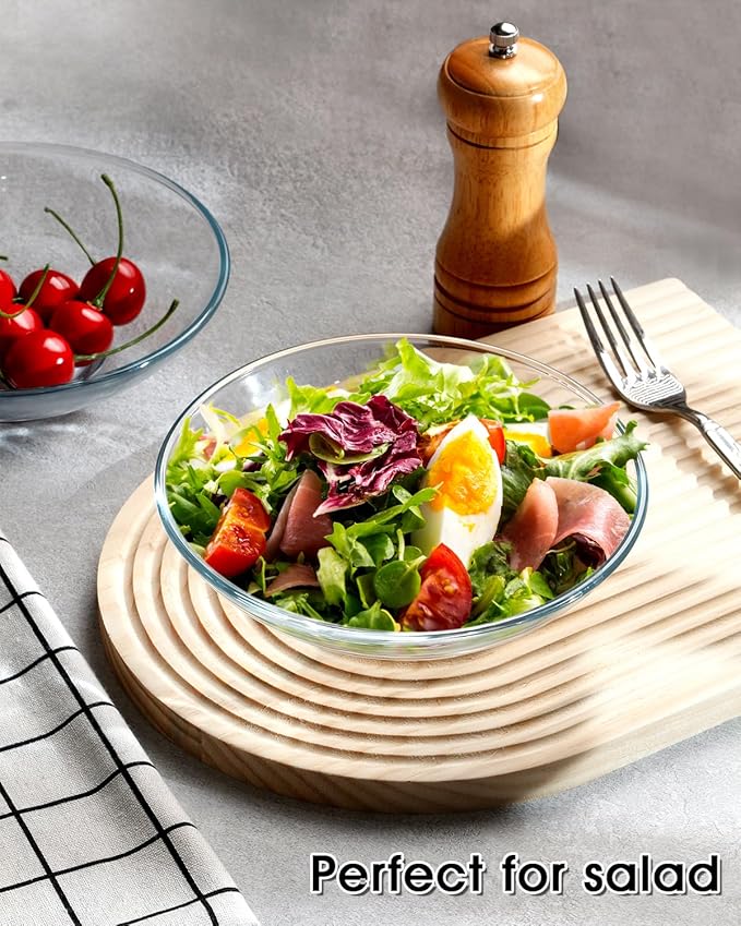 NUTRIUPS 2 Pack 7 inch Tempered Glass Bowls, 14oz Glass Cereal Bowls Set, Shallow Glass Dessert Serving Bowls, Clear Glass Bowls for Kitchen, Salad, Soup, Ice Cream and Candy