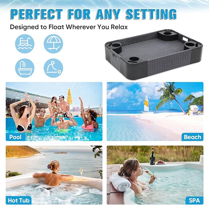 COOS BAY 35''x24'' Rectangular Floating Drink Holder for Pool and Hot Hub, Large Floating Serving Tray with Handles, Wicker Floating Pool Tray for Food and Drinks, Gray