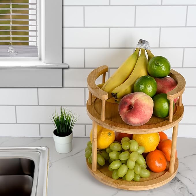 Wooden Rotating Spice Rack - 2 Tier Lazy Susan Turntable Spice Organizer for Countertop & Pantry - Portable & Space-Saving Rotating Storage Rack for Kitchen with 360° Rotating Feature