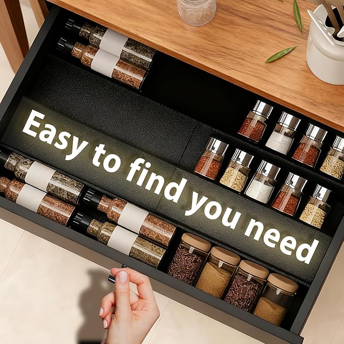 Spice Drawer Organizer, 4 Tier- 2 Pack Drawer Seasoning Organizers, Kitchen Spice Rack Tray Expandable From 12" to 24", Black Spice Rack Insert for Cabinet Countertop(Jars Not Included)