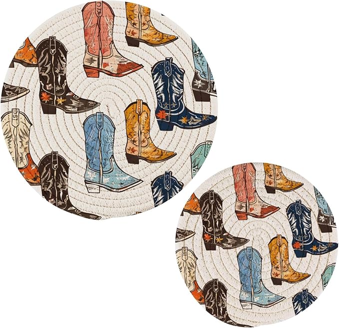Cowboy Boots Kitchen Trivets Pot Holders Set of 2, Trivets for Hot Pots Dishes Woven Trivet Coaster Pad Mat for Counter