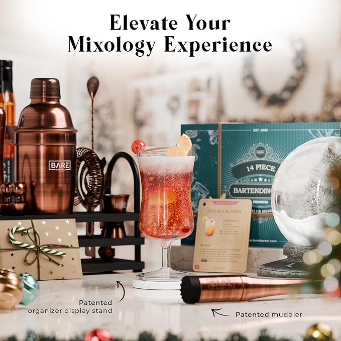 BARE BARREL® Mixology Bartender Kit Bar Set | 14-Piece Cocktail Shaker Set | Martini Barware Mixing Tools for Home Bartending | 35 Recipe Cards | Gift Set (24oz Cobbler Shaker, Copper/Black)