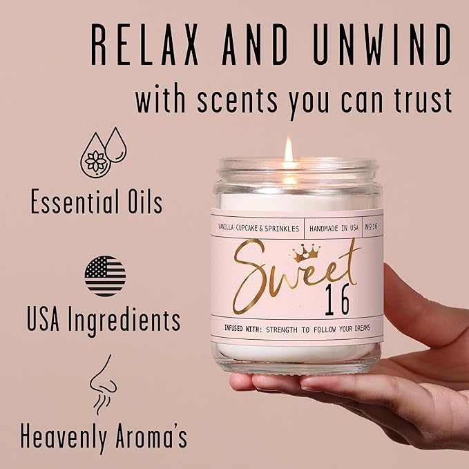Sweet 16 Gifts for Girls - 'Sweet 16' Soy Candle, w/Vanilla Cupcake & Sprinkles I 16th Birthday Gifts for Girls I Sweet Sixteen Gifts for Girls I 9oz Reusable Jar, 50Hr Burn, Made in USA