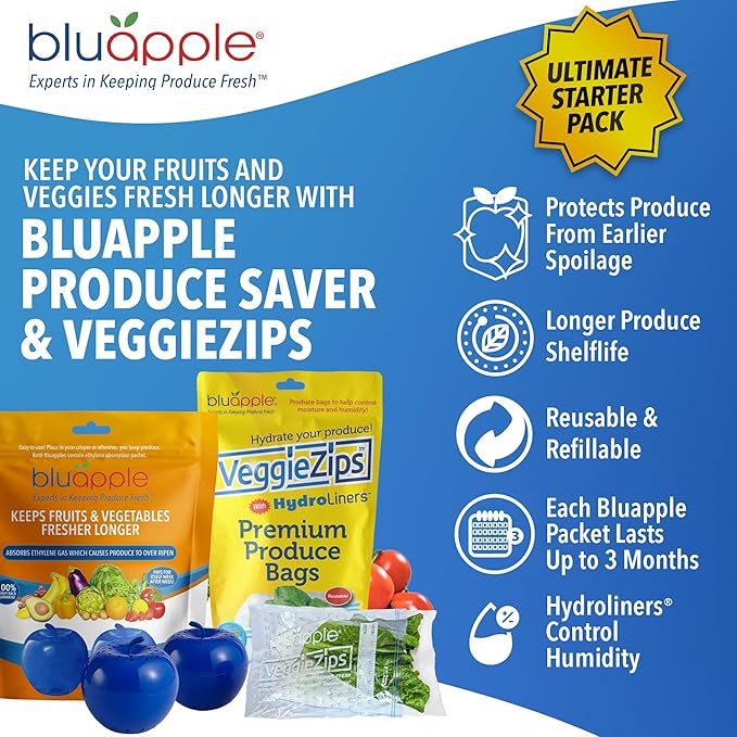 Bluapple Produce Saver Ethylene Gas Absorber & VeggieZips Ultimate Starter Pack Bundle - Fresh Vegetables & Fruits Saver, Produce Storage, Fruits & Veggies Keepers for Refrigerator, Regulates Humidity