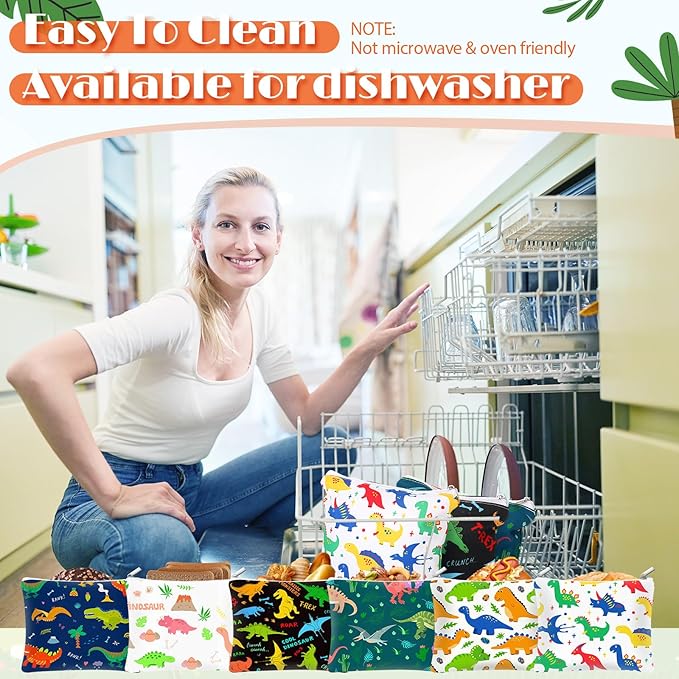 Chumia 6 Pcs Reusable Snack Bags Christmas Gifts Food Safety Washable Snack Bags Lunch with Zipper Portable Sandwich Bag Food Storage Pouch Double Layer(Dinosaur,7 x 7 Inches)