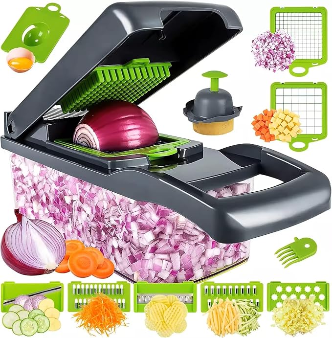 DOSTDR - Vegetable Chopper, Mandoline Slicer, Veggie Chopper, Food Chopper with Container, Vegetable Cutter & Spiralizer for Onion Salad Vegetable Chopper, Fruit Slicer, Shredding, Multi-Function