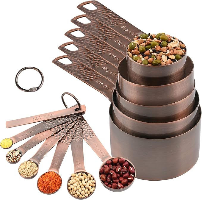 Smithcraft Copper Measuring Cups and Spoons Set for Baking & Kitchen, Stainless Steel Measuring Cups & Spoons Set, 5 Dry Measure Cup and 6 Metric Measure Spoon with1 Measure Ingredient Leveler
