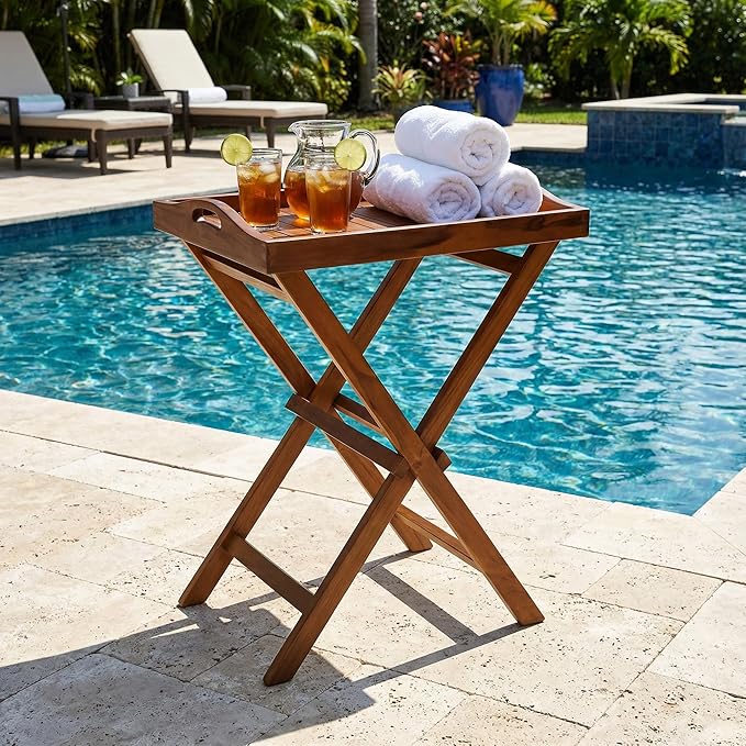 Bare Decor Kalos Outdoor Solid Teak Wood Tray Table, 30-Inch, Brown
