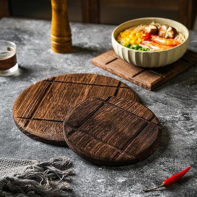 Wooden Placemat Set, Kitchen Wooden Heat Mat, Heat Resistant Mat for Hot Dishes/Pots/Bowls/Teapots/Fondue Holders, Non-Slip and Durable, Round (Set of 3), Two Small and One Large