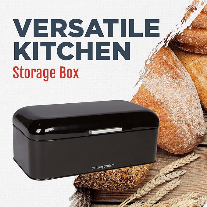 Culinary Couture Extra Large Black Bread Box for Kitchen Countertop - Holds 2 Loaves - 16.5" x 9" x 6.5" - Stainless Steel Vintage Bread Boxes for Kitchen Counters