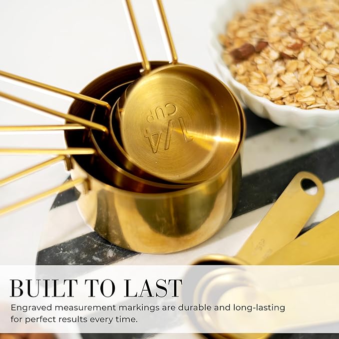 STYLED SETTINGS Gold Measuring Cups and Spoons Set – Stackable 8-Piece Brass Measuring Set – Stylish and Sturdy Gold Kitchen Accessories for Baking and Cooking