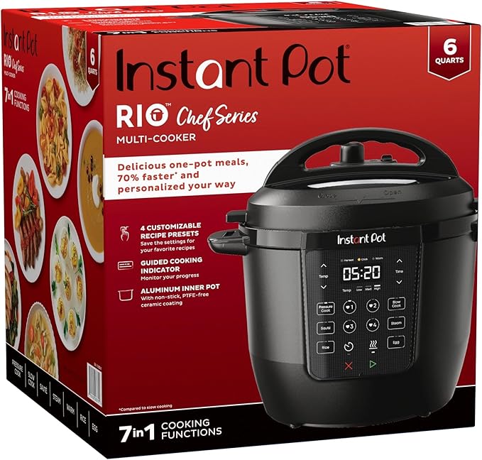 Instant Pot RIO Chef Series 6QT 7-in-1 Multi-Cooker, Black – Pressure Cooker, Slow Cooker, Rice, Steamer, Sauté, Food Warmer & More – One-Touch Smart Programs, Compact Family Size