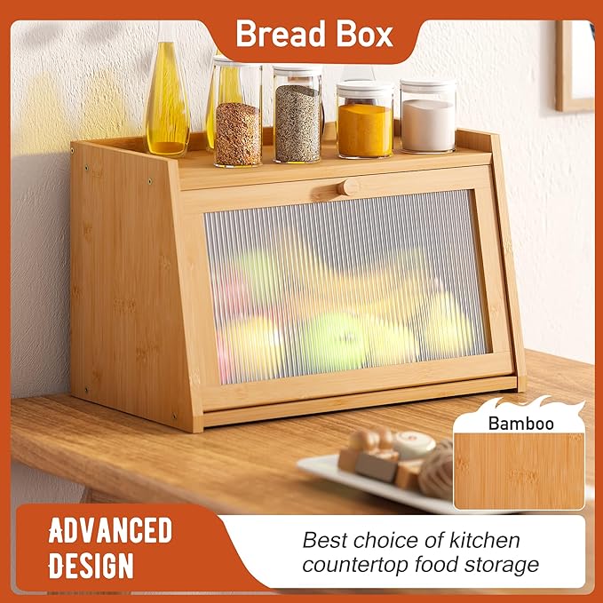 GHWIE Large Bread Box, Easy Access & Cleaning - Bamboo Bread Box for Kitchen Countertop with Acrylic Door (Natural, Medium)