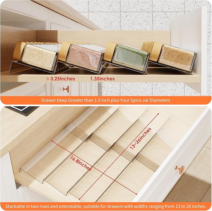 Spice Drawer Organizer, 4 Tier Clear Acrylic Expandable From 13" to 26" Seasoning Jars Drawer Insert, Kitchen Drawer Spice Rack Tray for Cabinet/Countertop