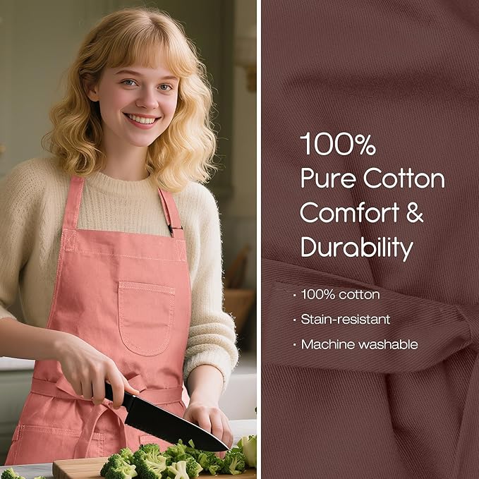 Unisex Apron with Pockets for Cooking, Salon & Art - 100% Cotton Adult Kitchen, Chef, Stylist Apron (Pink)