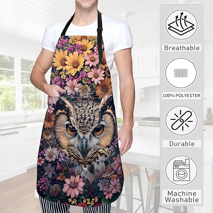 Flower Owl Apron,Oxford Fabric Adjustable Kitchen Apron with 2 Pockets,Waterproof Cooking Aprons for Men Women Mom Wife Dad,Ideal Gifts for Coffee House,Shop,Baking,BBQ,Housewarming,28x33in