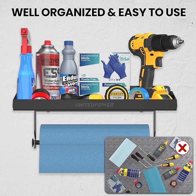 UNITEDPOWER Hand Tool Tray with Paper Holder, 2-in-1 Wall Mount Hardware Small Tools Rack, Storage Organizer for Workshop, Shed, Garage, Holds 40 lbs