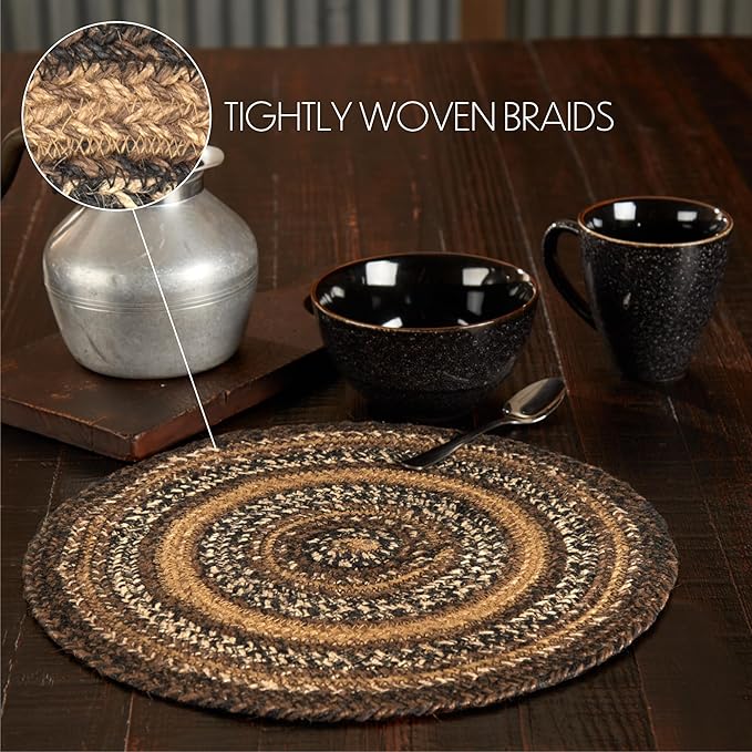 VHC Brands Espresso Trivet Hot Pad for Pots Pans, Brown Black Tan, Jute Blend, Round Circle, 15 Inches