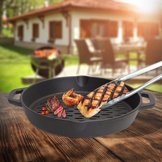 Round Cast Iron Grill Baskets for all Charcoal Smoker and Gas Grills,12 Inch Nonstick Cast Iron Grill Pan Tray Could Cooking Veggie Meat Fish -Dual Handle Grill Basket for All Outdoor Grills
