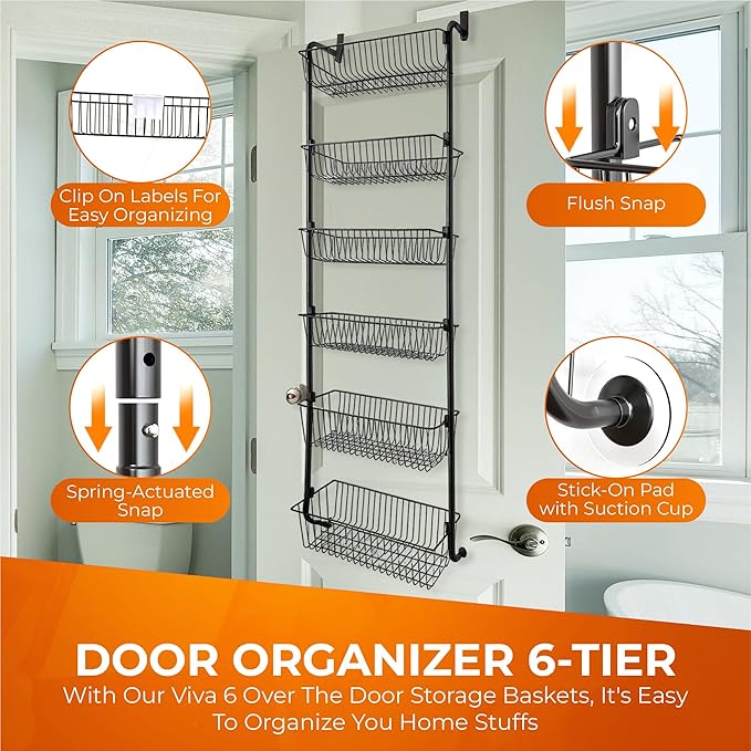 TidyTiers 6-Tier Over-The-Door Pantry Organizer – Heavy-Duty Hanging Rack with Deep Adjustable Baskets – Space-Saving Storage for Pantry, Kitchen, Closets & More