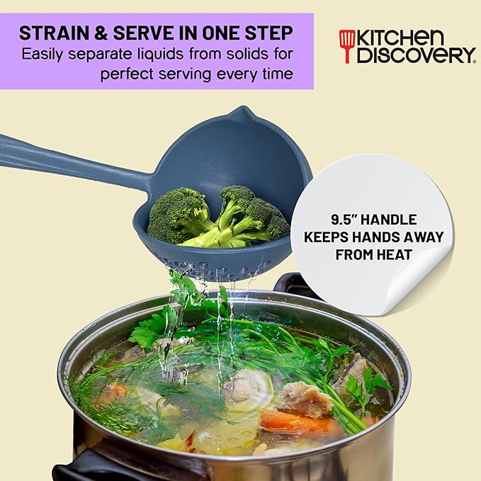 Strainer Ladle – Kitchen Discovery – 2 in 1 Soup Strainer Separates Liquids from Solids - All Plastic Soup Ladle for Easy Serving of Soup, Stew, Gravy, Party Punch