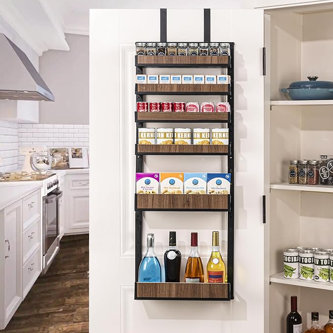 Aquzee Over the Door Pantry Organizer, 6-Tier Spice Rack Wall Mount, Adjustable Wooden Baskets, Haning/Mounting 2 in 1 Heavy-Duty Metal Hanging Door Organizer Storage for Kitchen, Cabinet and Closet