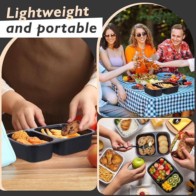 Honeydak 5 Pack Lunchable Snack Containers 2 Compartment Divided Bento Snack Boxes Reusable Meal Prep Containers with Lids Lunch Food Storage Box for School Work Travel(White Black)