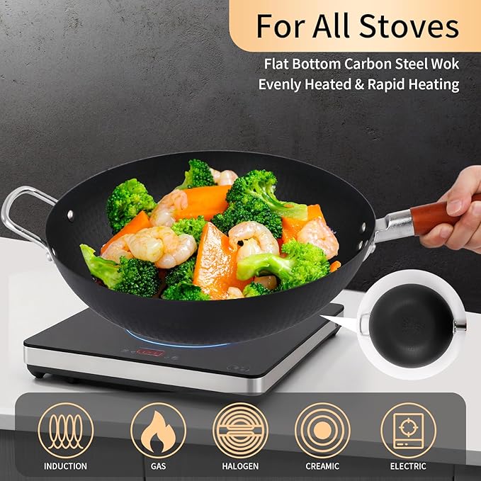 13.5" Carbon Steel Wok Pan with Wooden Lid Standable,Pre-Seasoned Flat Bottom Woks & Stir-fry Pans Chinese Cookware Compatible with Induction, Gas Pan-fry,Stir Fry, Steam, BBQ & Camping