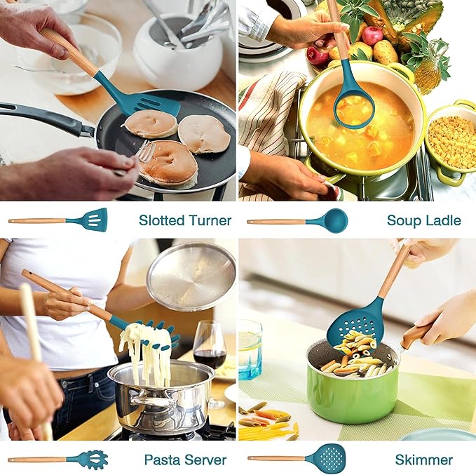 LIANYU 38 Pcs Kitchen Cooking Utensils Set with Holder, Heat Resistant Silicone Kitchen Utensil Spatula Set, Kitchen Gadgets Tools Set for nonstick Cookware Set, Wooden Handle, Blue