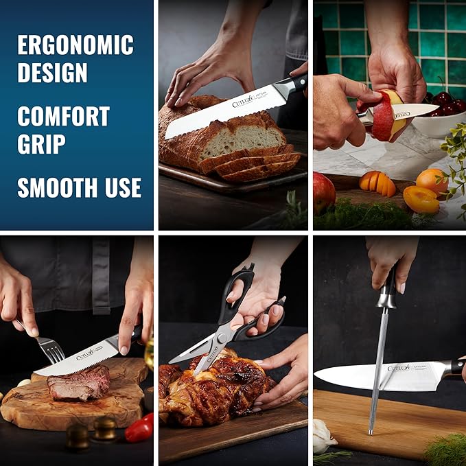 Cutluxe 15-Piece Knife Set – Premium Rubberwood Wood Block – Knife Set for Kitchen, Ultra Sharp High Carbon German Stainless Steel, Full Tang – Artisan Series
