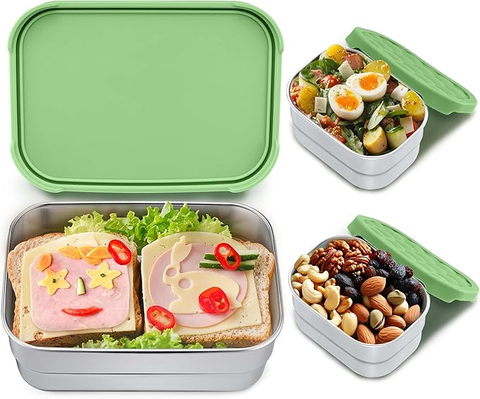 Homikit 3 Pack Kids Lunch Box Set, 18/10 Stainless Steel Bento Boxes with Silicone Lids Leak Proof, 5 Cups Reusable Metal Food Snack Containers for School Daycare, Nontoxic & Dishwasher Safe, Green