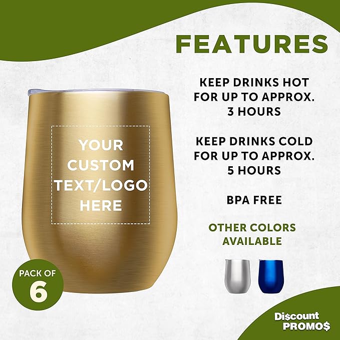 Custom Stemless Wine Glass Tumblers with Lids by Largo 11 oz. Set of 6, Personalized Bulk Pack - Perfect for Wine, Cocktails, Other Hot & Cold Beverages - Gold