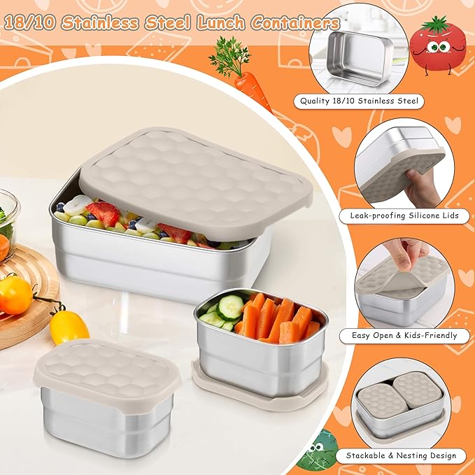 Homikit 3 Pack Kids Lunch Box Set, 18/10 Stainless Steel Bento Boxes with Silicone Lids Leak Proof, 5 Cups Reusable Metal Food Snack Containers for School Daycare, Nontoxic & Dishwasher Safe, Khaki