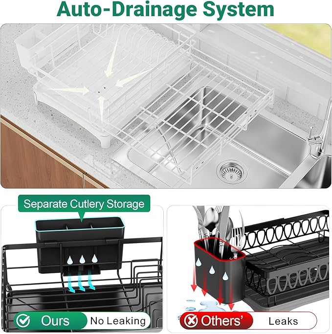 Expandable Over Sink Dish Drying Rack – Foldable Stainless Steel Kitchen Organizer with Utensil Holder, Space-Saving & Rustproof (White)