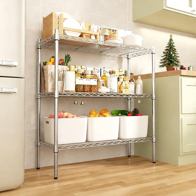 Auslar 3-Shelf Storage Wire Shelves Heavy Duty 3 Tiers Standing Shelving Units Adjustable Metal Organizer Wire Rack, Chrome