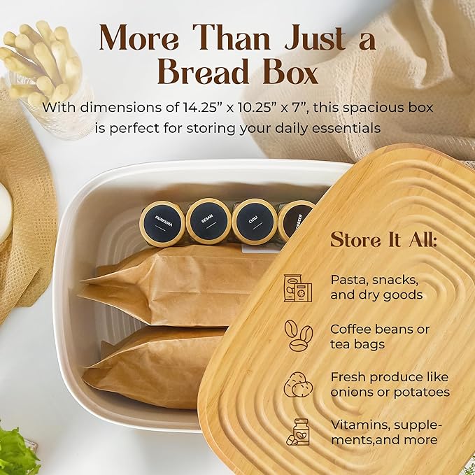 Extra Large Bread Box for Kitchen Countertop with 2 Bread Bags - Sturdy Modern Construction, Ribbed Design Keeps Bread Fresh Longer - Large Sourdough Bread Box with Cutting Board Lid (Black)