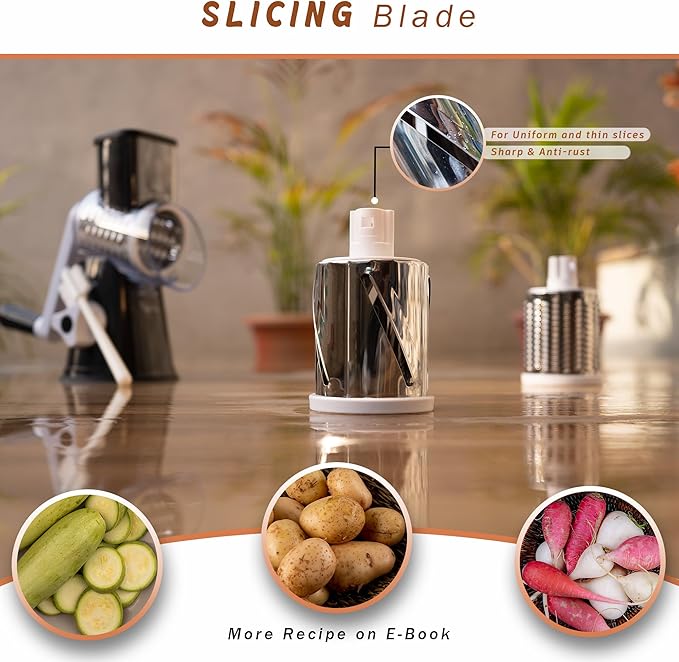 Rotary Cheese Grater Hand Crank with Handle - 3-in-1 Cheese Shredder - Easy to Clean Rotary Grater - Mandoline Vegetable Slicer - with Brush and Peeler - Black