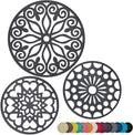3 Set Silicone Trivet Mats with 1 Extra Large Included | Intricately Carved Insulated Flexible Durable Non Slip Thick Round Premium Trivets for Hot pots and Pans | Dark Gray