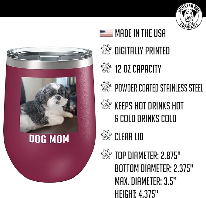 Personalized 12oz (17 Colors) Mother's Day Photo Printed Insulated Stainless Steel Powder Coated Stemless Wine Tumbler with Lid, Customized Gift Idea for Her, Custom Coach Gifts Team Mom Dad (Maroon)