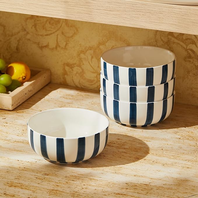 Junko Cereal Bowls Set of 4-36 Ounce Ceramic Bowls, Japanese Noodle Bowl Set, Ceramic Bowls for Kitchen, Breakfast, Oatmeal, Microwave and Dishwasher Safe (Navy)