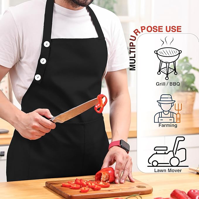 TOSHE Kitchen Apron Waterdrop Resistant Cotton Apron with adjustable Aprons for Women with Pockets 10 Color option Cooking Black Apron (Black)