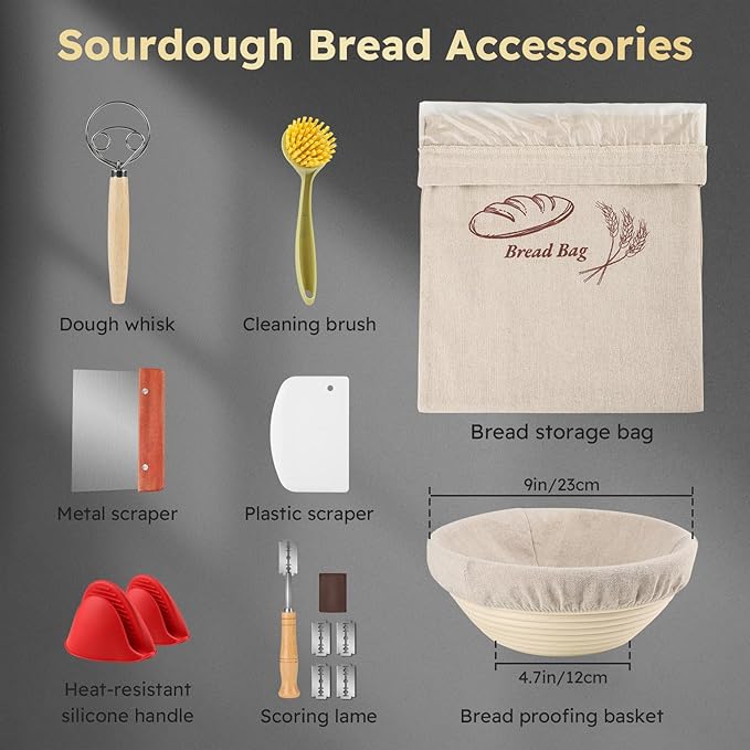 5QT Cast Iron Dutch Oven for Bread Baking, Proofing Basket Sourdough Starter Kit, Bread Making Pan Pot with Lid, Sour Dough Tools Set Includes Lame Supplies, Gifts for Baker