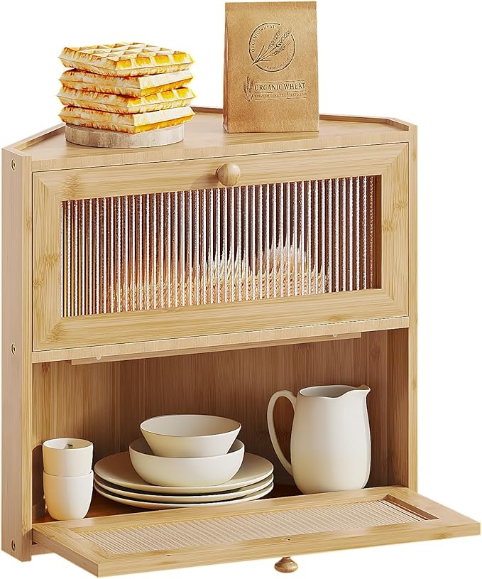BAMBANG Corner Bread Box for Kitchen Countertop, Double Layer Bamboo Bread Storage Container with Wavy Windows, Farmhouse Large Bread Bin, Wooden Breadbox Holder for Homemade Bread, Natural