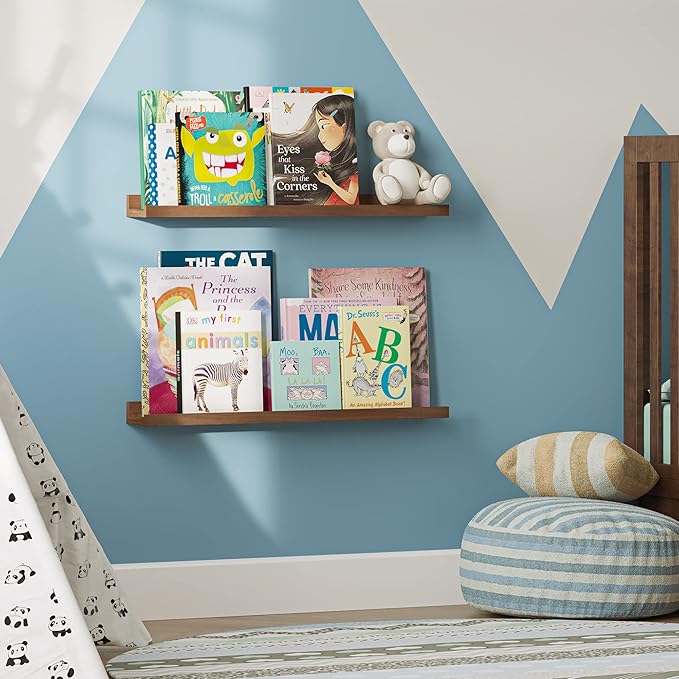 Wallniture Denver 24" Floating Shelves for Wall Collage, Picture Ledge Shelf, Living Room Bookshelf, Wall Shelf for Kitchen, Kids Room Shelves, Walnut Color Set of 2