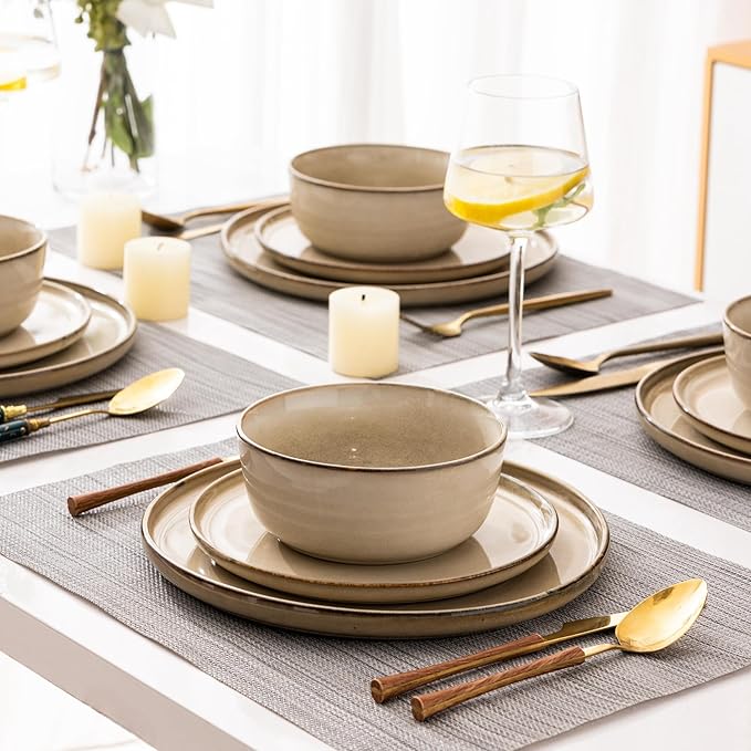 GBHOME 32 Pieces Double Bowls Ceramic Dinnerware Sets for 8, Stoneware Plates and Bowls Set with Reactive Glaze, Scratch Resistant Stoneware Dishes Set, Dishwasher & Microwave Safe