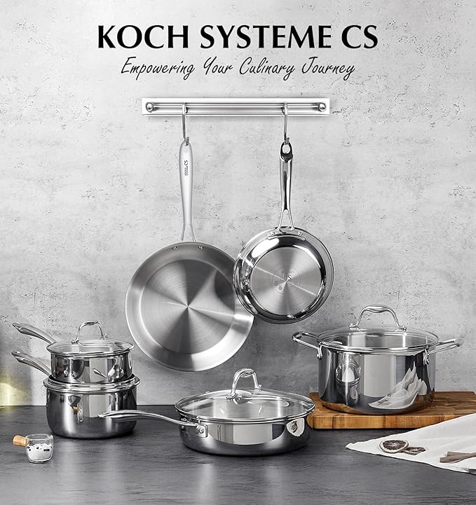 KOCH SYSTEME CS Tri-Ply Stainless Steel Cookware Set 10 Piece, Professional 18/10 Stianless Steel Pots and Pans Set, Oven & Induction Safe, Non-Toxic Kitchen Cookware Set for Family Cooking, 10pcs