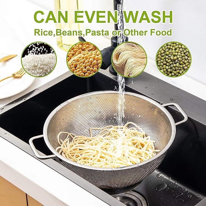 Stainless Steel Colander and Strainer Set(5-Quart and 3-Quart)， Strainer for Kitchen Food, Dishwasher Safe