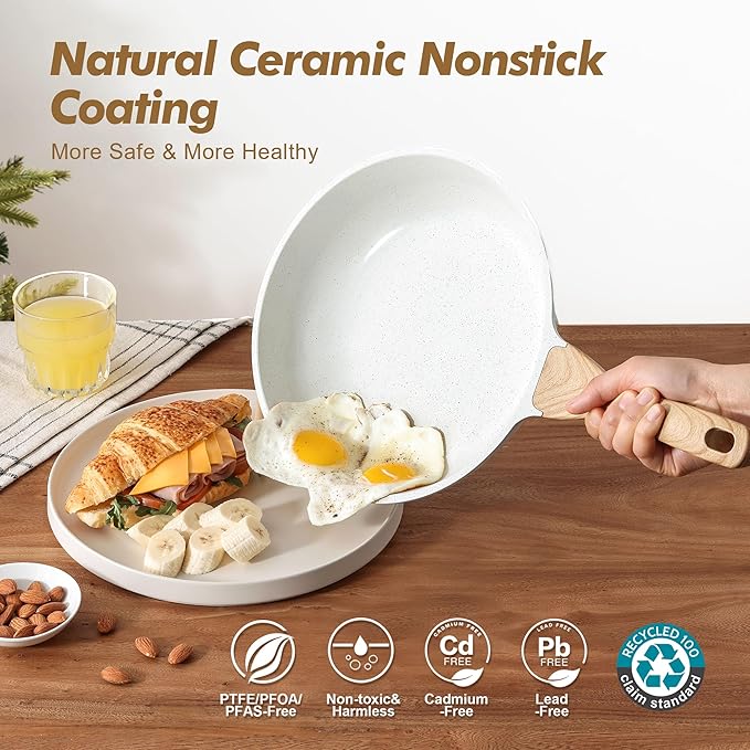 SENSARTE Nonstick Frying Pan Skillets, White Ceramic Coating Omelette Pans, Healthy Cookware Chef's Pan, PTFE & PFAS Free (9.5+11 Inch)