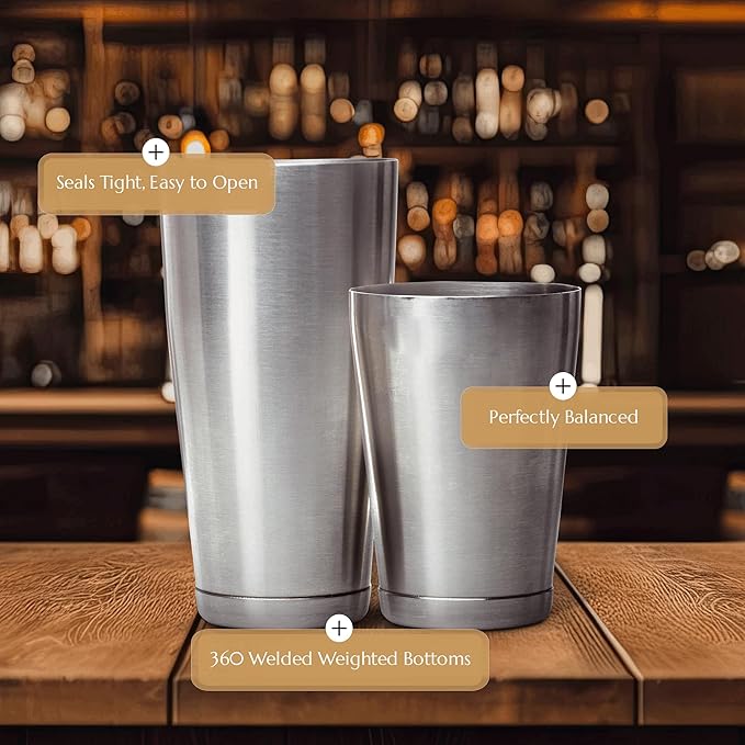 Bull in China 2-Piece Cocktail Shaker Stainless Steel – 28 oz Weighted Shaker & 18oz Weighted Cheater Tin, Professional Grade Bar Shaker, Premium Cocktail Shaker Set for Professional & Home Bartenders